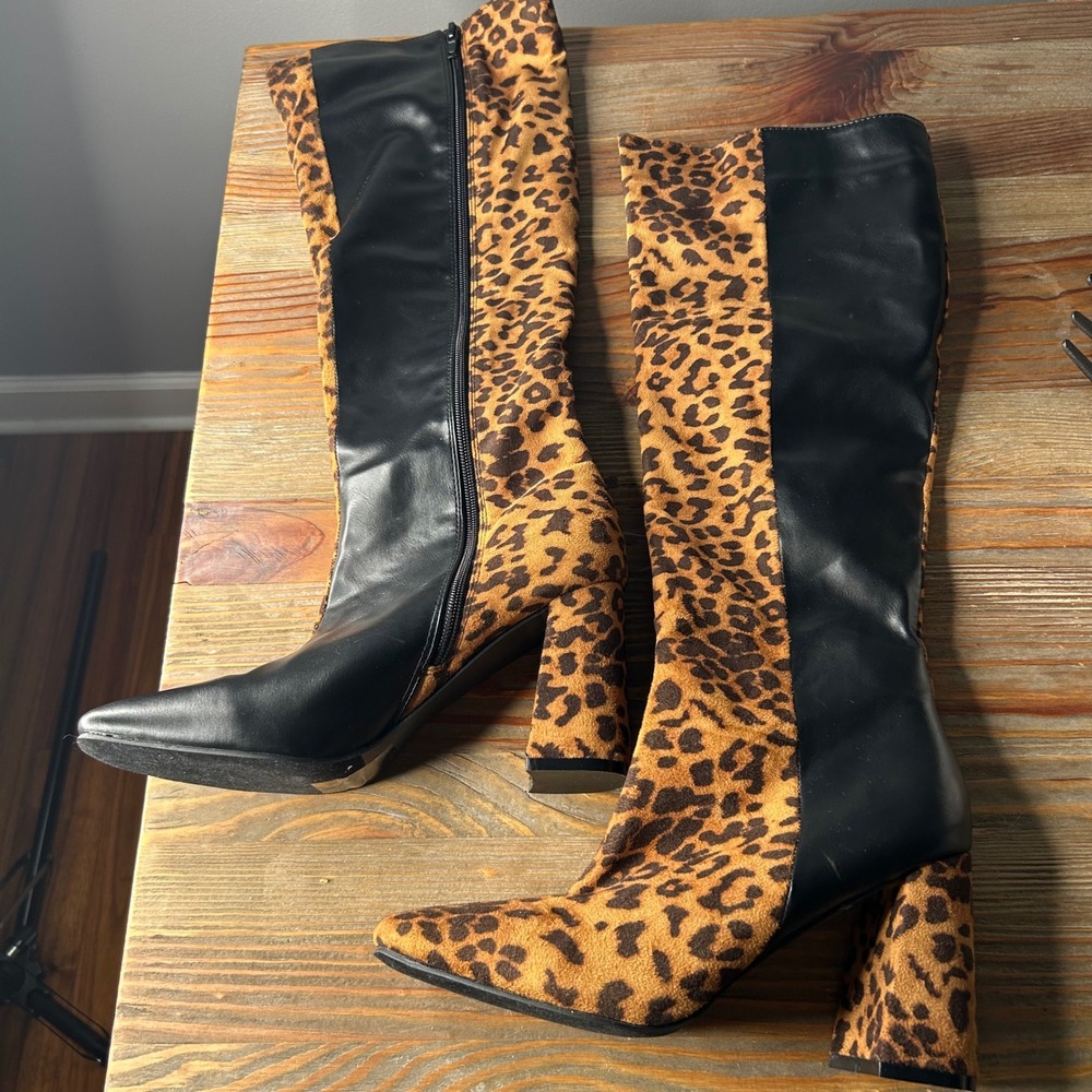 Yoki Jacklyn Women's Leopard Print Black Block Heel mid calf‎ High Boots